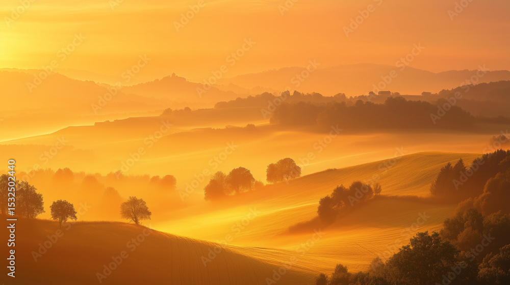 Obraz premium Summer sunrise over rolling hills, soft mist and golden-orange sky tones