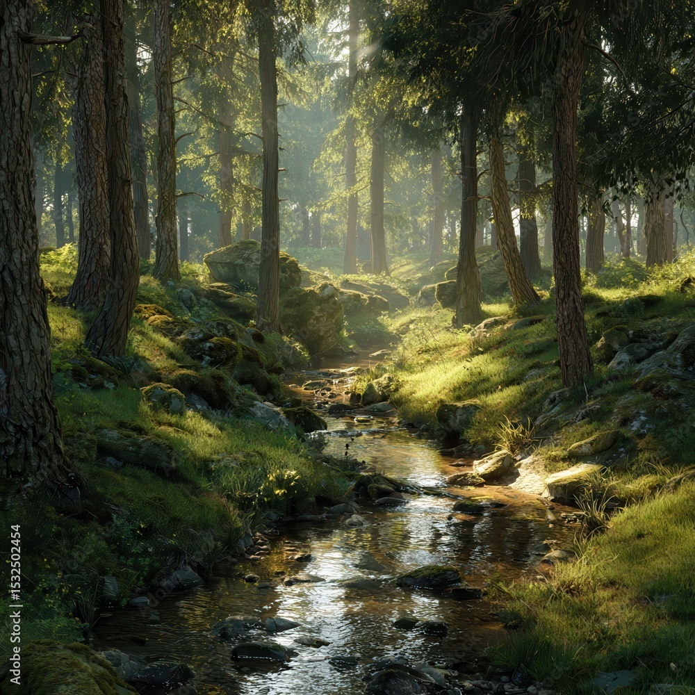 Obraz premium Clear Stream Winding Through a Sunlit Forest.