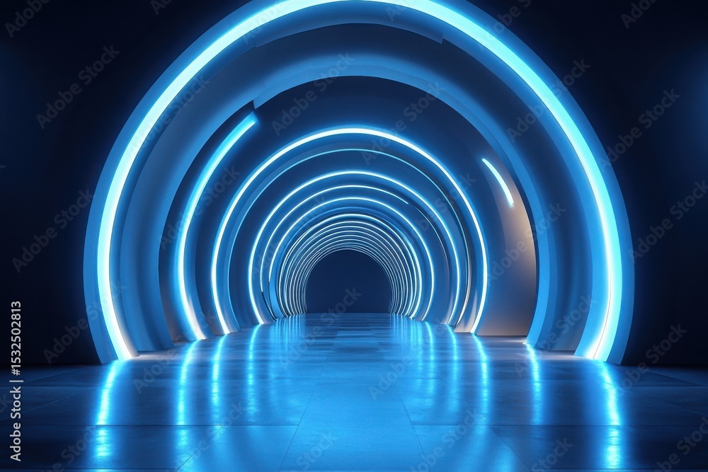 Naklejka premium Abstract Neon Blue Circular Tunnel Futuristic Glowing Corridor