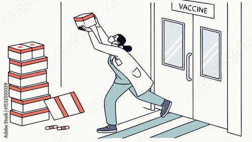 Vector Doctor struggles to catch stack of precarious vaccine boxes while rushing to door