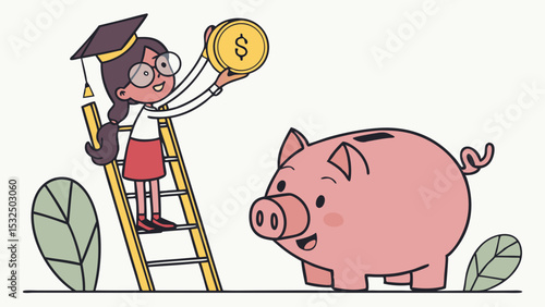 SVG Vector Girl on ladder depositing coin into piggy bank, celebrating savings and education