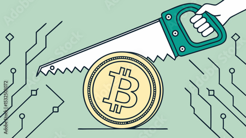 SVG Vector hacksaw is cutting Bitcoin coin in half, symbolizing division in digital currency