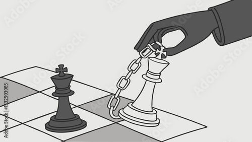 SVG Vector hand holds white king piece attached to chain, symbolizing control in chess