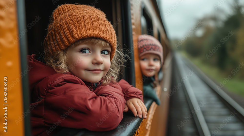 Obraz premium children looking out a train window while traveling with family through a scenic rural area