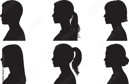 Diverse Female and Male Profile Silhouettes with Various Hairstyles on White