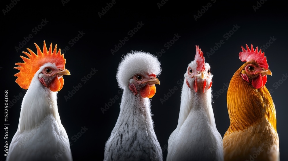 Fototapeta premium Colorful Group of Four Unique Chickens with Distinctive Hairstyles Posing Against a Dark Background