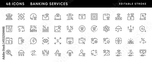 Banking services icon collection. Financial services, bank building, payment, loan, income, invoice, banknote, money flow and more. Editable stroke. Pixel Perfect. Grid base 32 x 32.