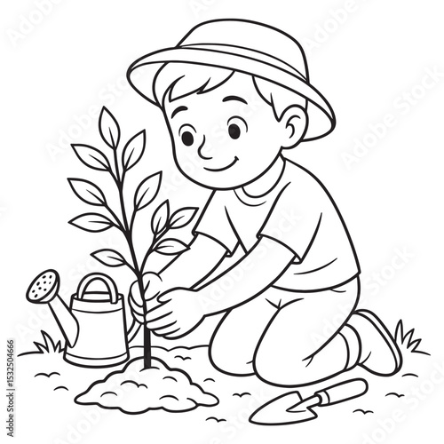 Boy Planting a Small Tree - Cute Environmental Activity Line Art for Kids and Education