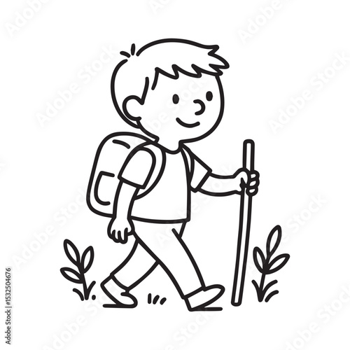 Adventure Boy Hiking with Backpack - Simple Line Art for Kids and Coloring Pages