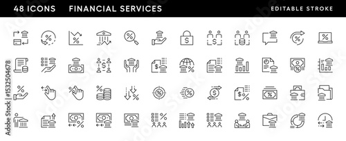Financial services line icon collection. Transaction, payment, budget, income, invoice, banknote, money flow, banking services and more. Editable stroke. Pixel Perfect. Grid base 32 x 32.