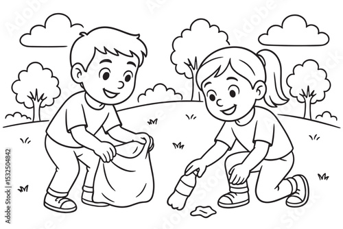 Kids Cleaning Up Trash in the Park - Community and Environmental Awareness Line Art for Coloring Pages