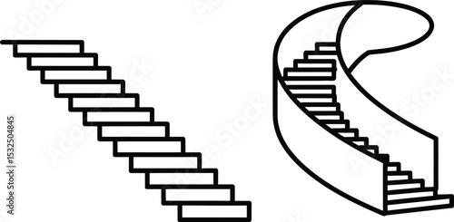 Illustration of a straight staircase and a spiral staircase