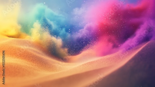 Surreal sand-like simulation breaking apart with color bursts 
