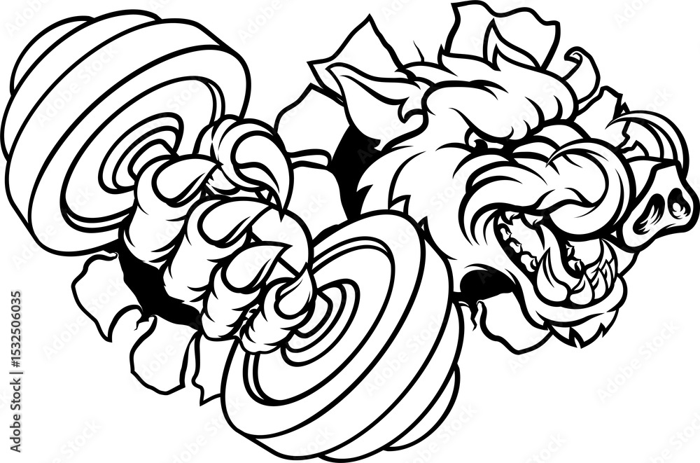 Fototapeta premium Boar Wild Razorback Warthog Weight Lifting Mascot