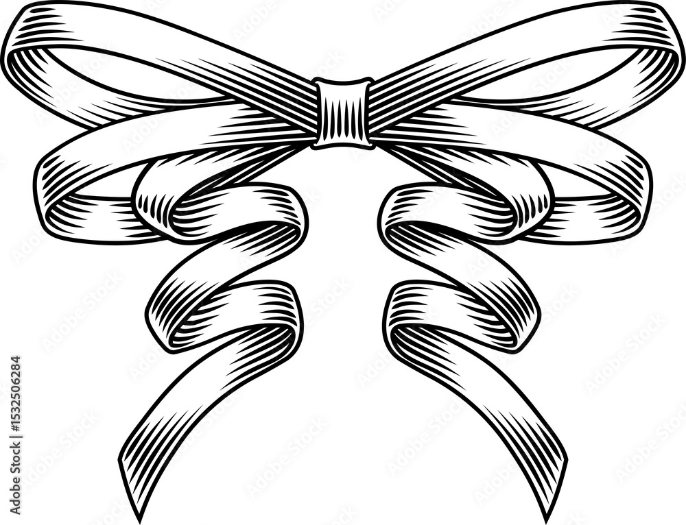 Obraz premium Bow Gift Christmas Ribbon Scroll Woodcut Etching