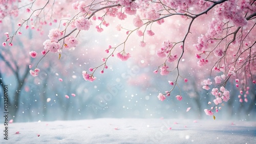 Soft pink sakura petals gently falling on a snowy white background amidst a serene winter landscape, snowfall