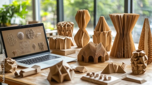 Fototapeta Naklejka Na Ścianę i Meble -  Wooden geometric models displayed on a table next to a laptop showcasing designs; workshop background