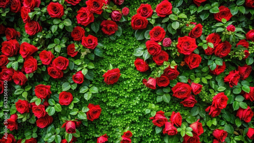 Elegant rose wall background with vibrant red roses and lush green foliage , roses, plant, roses, plant, flowers, garden Elegant rose wall background with vibrant red roses and lush green foliage , roses, plant, roses, plant, flowers, garden