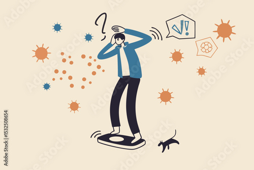 Man stressed weighing himself amidst viruses