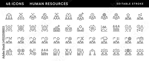 Human resources icon collection. Management, collaboration, career, experience, communication, leadership, productivity, meeting and more. Editable stroke. Pixel Perfect. Grid base 32 x 32.