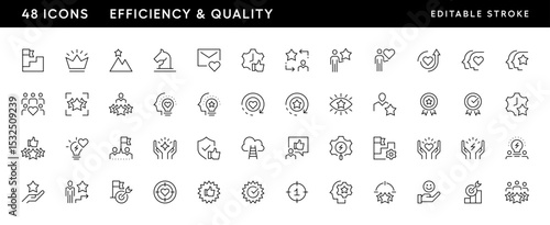 Efficiency and quality outline icon collection. Business values, productivity, success, mission, vision, creativity, excellence and more. Editable stroke. Pixel Perfect. Grid base 32 x 32.