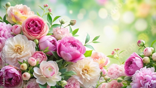 Fototapeta Naklejka Na Ścianę i Meble -  Vibrant peonies and roses against a soft white background, with delicate green leaves and a mix of pastel hues , garden, orchid