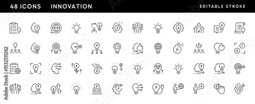 Innovation outline icon set. Idea, creativity, inspiration, thinking, brainstorming, productivity, coordination, progress and more. Editable stroke. Pixel Perfect. Grid base 32 x 32.