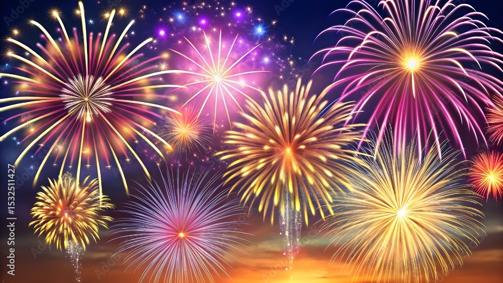 Naklejka premium Spectacular Fireworks Display A Night Sky Illuminated with Vibrant Colors and Dazzling Explosions of Light