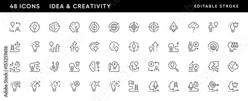 Idea and creativity outline icon collection. Innovation, inspiration, problem solving, thinking, brainstorming, integration, coordination and more. Editable stroke. Pixel Perfect. Grid base 32 x 32.