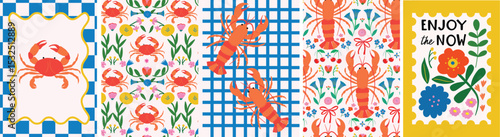 Colorful summer coastal beach Poster featuring sealife and floral illustrations. Vibrant motifs of crab, lobster and flowers. Perfect for banners, advertising, web design, t-shirt design