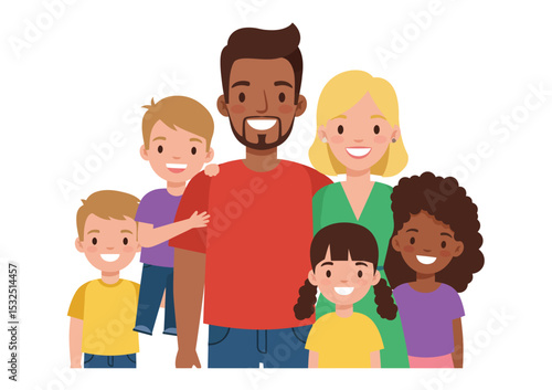 Family portrait with father at center, stylized vector flat design, smiling faces, white background