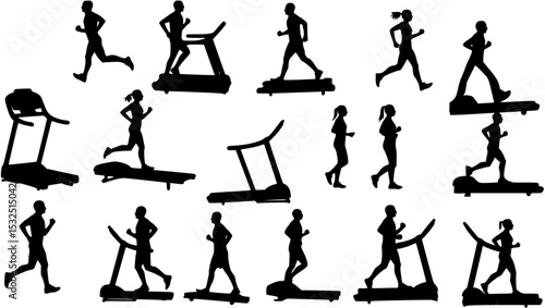 Gym fitness treadmill silhouettes set, large pack of vector silhouette design, isolated white background
