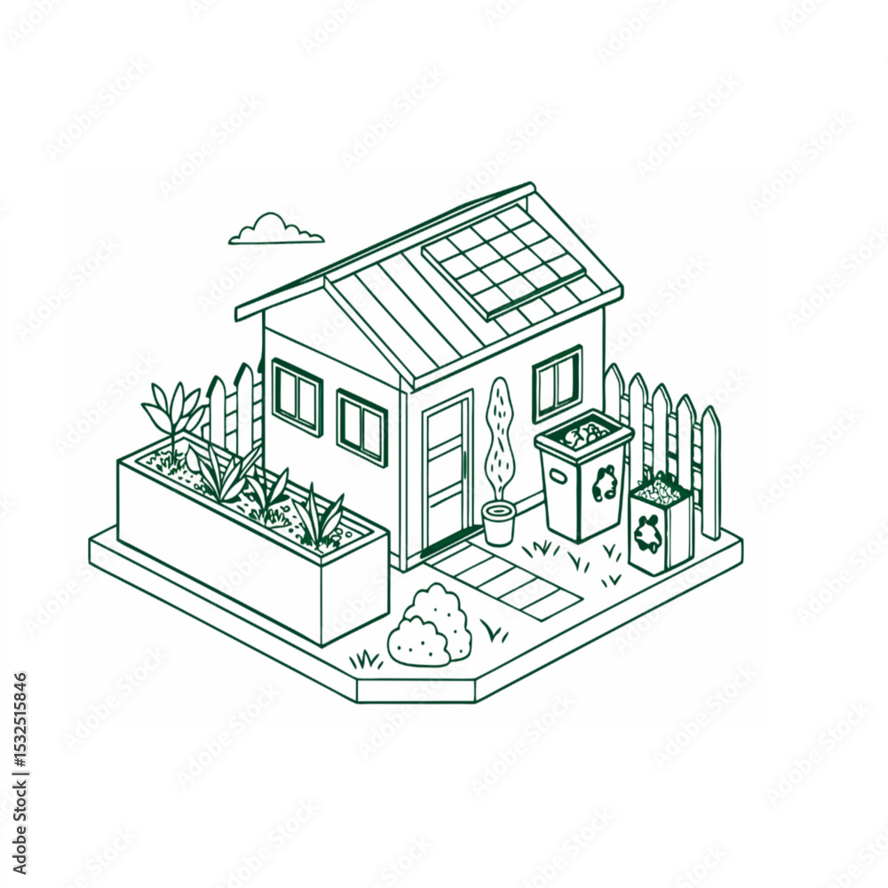 Naklejka premium Sustainable Home Illustration with Solar Panels and Recycling