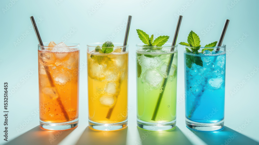 Refreshing colorful drinks with ice and mint leaves, perfect for summer gatherings and celebrations Refreshing colorful drinks with ice and mint leaves, perfect for summer gatherings and celebrations