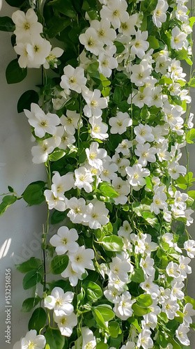 Numerous white clematis flowers cascade down a grey wall with vibrant green leaves