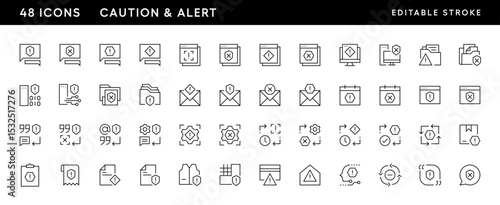 Caution and alert icon collection. Alarm, attention, care, social security, safety, reminder, verification, warning and more. Editable stroke. Pixel Perfect. Grid base 32 x 32.