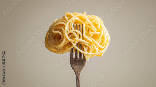 Fork with tangled spaghetti on plain background
