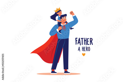 Superhero dad with cape carrying child on shoulders, comic-style vector art, clean lines, white background