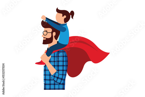 Superhero dad with cape carrying child on shoulders, comic-style vector art, clean lines, white background