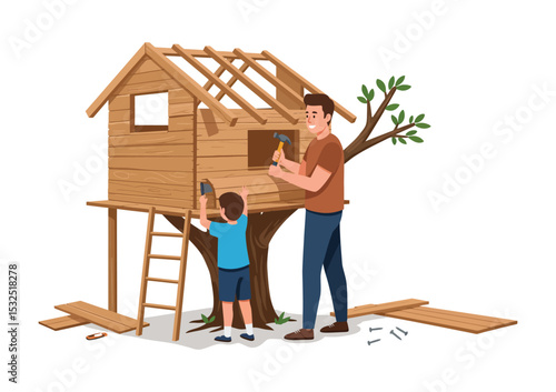 Father and child building a treehouse together, side view vector scene, construction theme, white background
