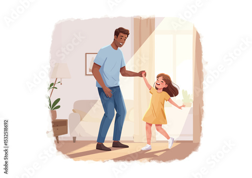 Dad and daughter dancing together in living room, playful vector illustration, warm tones, white background