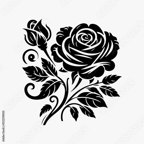 Exquisite blooming rose silhouette logo with intricate petals and elegant swirling leaves in detailed monochrome vector