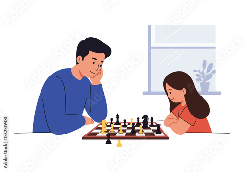 Father and child playing chess at home, stylized flat vector, board game theme, white background