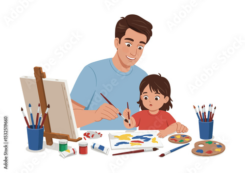 Dad teaching child how to paint, art supplies scattered around, colorful vector composition, white background