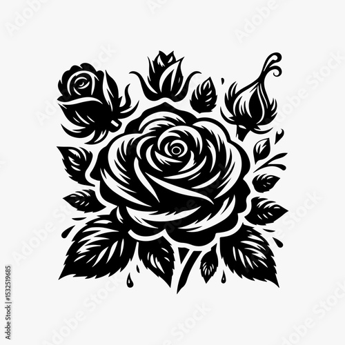 Minimalist floral logo with detailed black rose silhouette showcasing elegant unfurling petals and curling vines