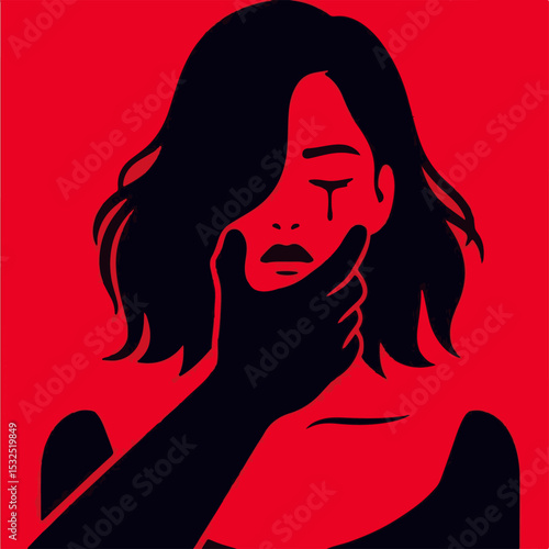 Abstract illustration of a woman with a tear and a shadowed hand, domestic violence  