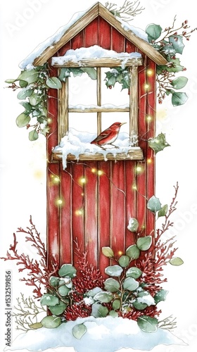 Rustic red barn window adorned with snowflakes, twinkling fairy lights, evergreen branches, holly berries, and perching sparrow capturing winter holiday warmth