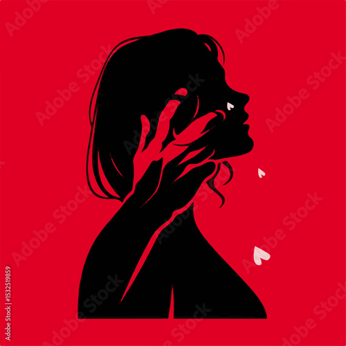 Silhouette of a woman with a hand on her face against red background , domestic violence  