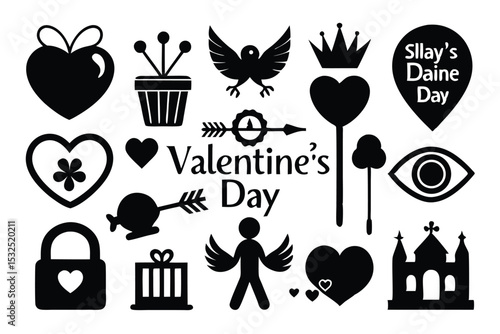 Black Valentine's Day Icons Featuring Hearts, Arrows, Angels, Eye, Crown, Flowerpot, Castle, and More