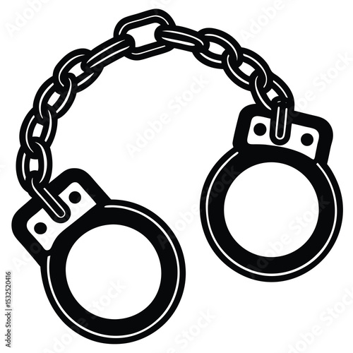 Black and White Handcuffs with Chain Illustration on a White Background